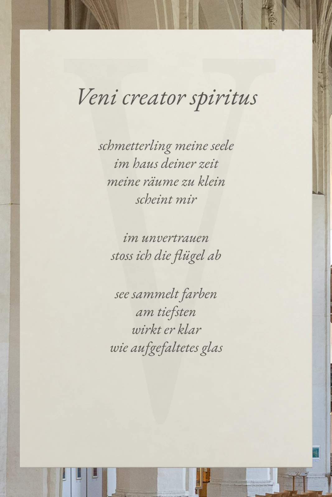 Rückseite von „Veni creator spiritus“ mit dem Gedicht, Oberkirche St. Nikolai, Cottbus